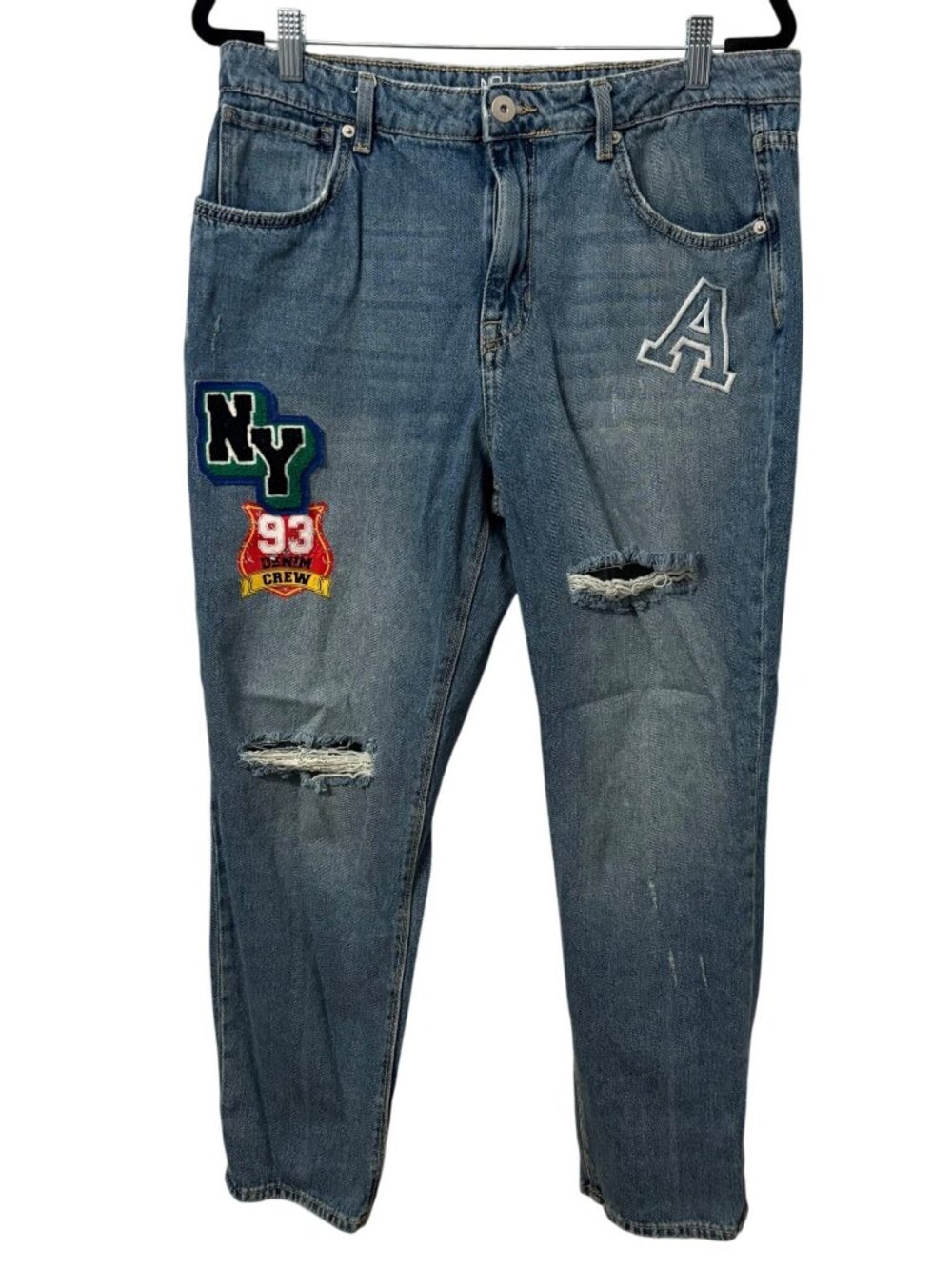 Y2K Distressed Varsity Patch Jeans Junior 15 Grunge Streetwear Denim